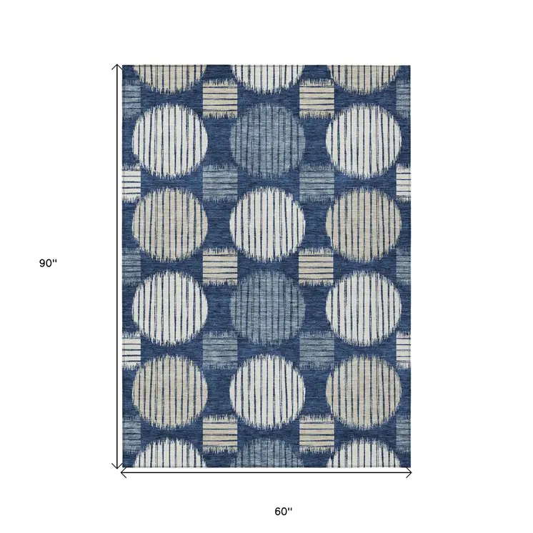 5' X 8' Navy Blue And Ivory Geometric Washable Indoor Outdoor Area Rug