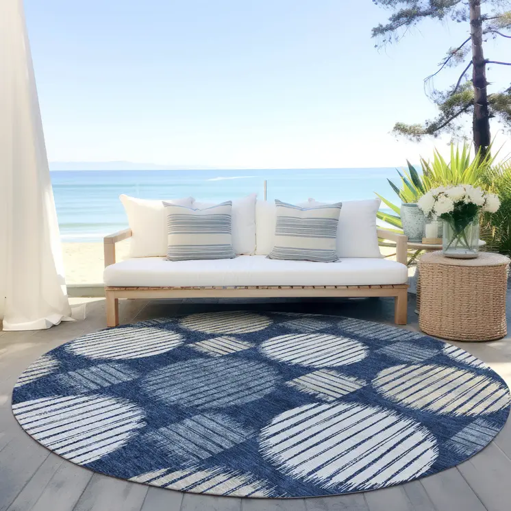 8' Navy Blue And Ivory Round Geometric Washable Indoor Outdoor Area Rug