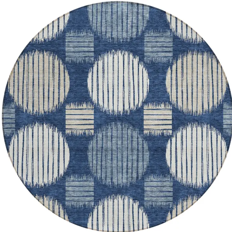 8' Navy Blue And Ivory Round Geometric Washable Indoor Outdoor Area Rug
