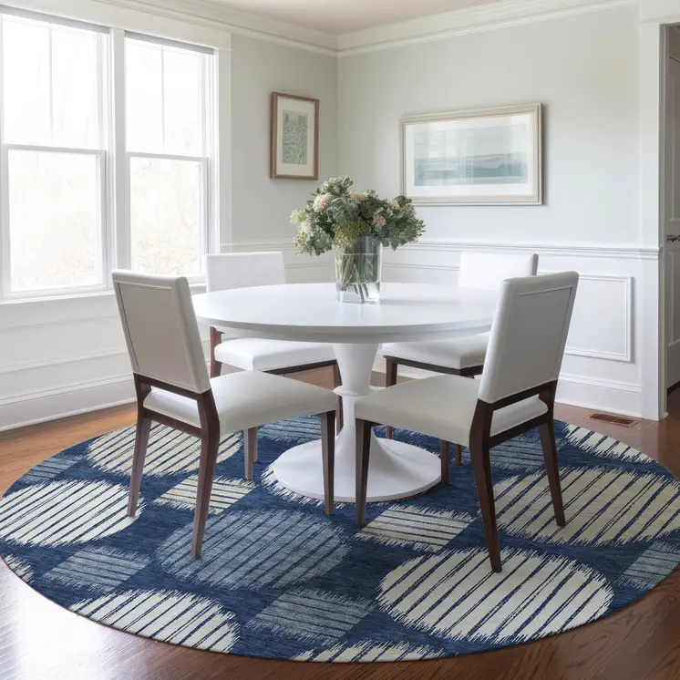 8' Navy Blue And Ivory Round Geometric Washable Indoor Outdoor Area Rug