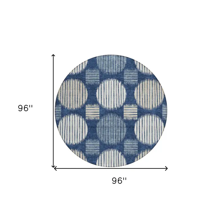 8' Navy Blue And Ivory Round Geometric Washable Indoor Outdoor Area Rug