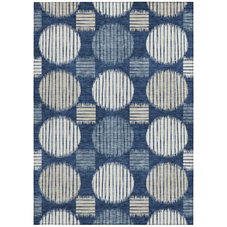 9' X 12' Navy Blue And Ivory Geometric Washable Indoor Outdoor Area Rug