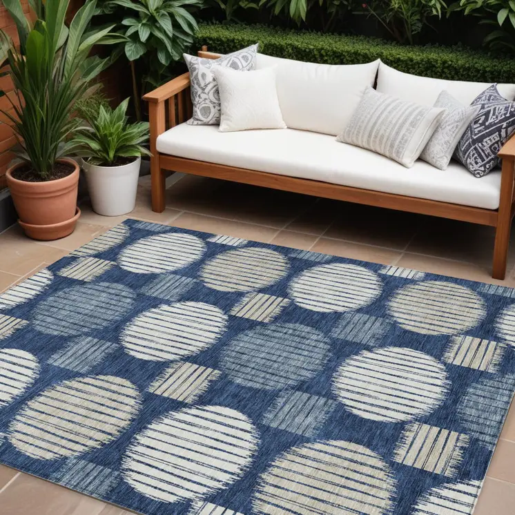 9' X 12' Navy Blue And Ivory Geometric Washable Indoor Outdoor Area Rug