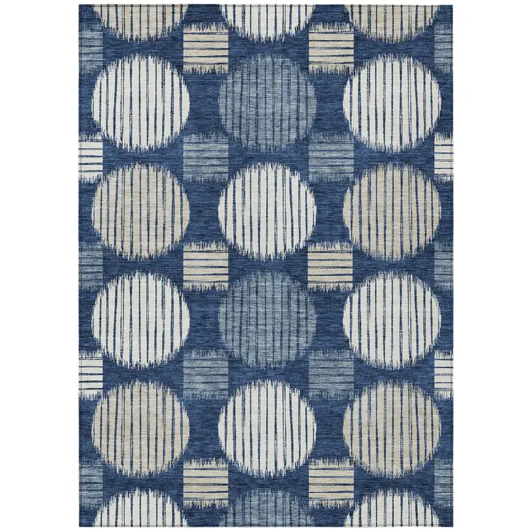 9' X 12' Navy Blue And Ivory Geometric Washable Indoor Outdoor Area Rug