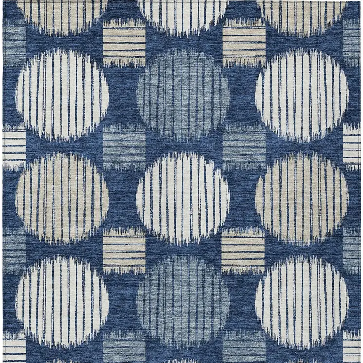 9' X 12' Navy Blue And Ivory Geometric Washable Indoor Outdoor Area Rug