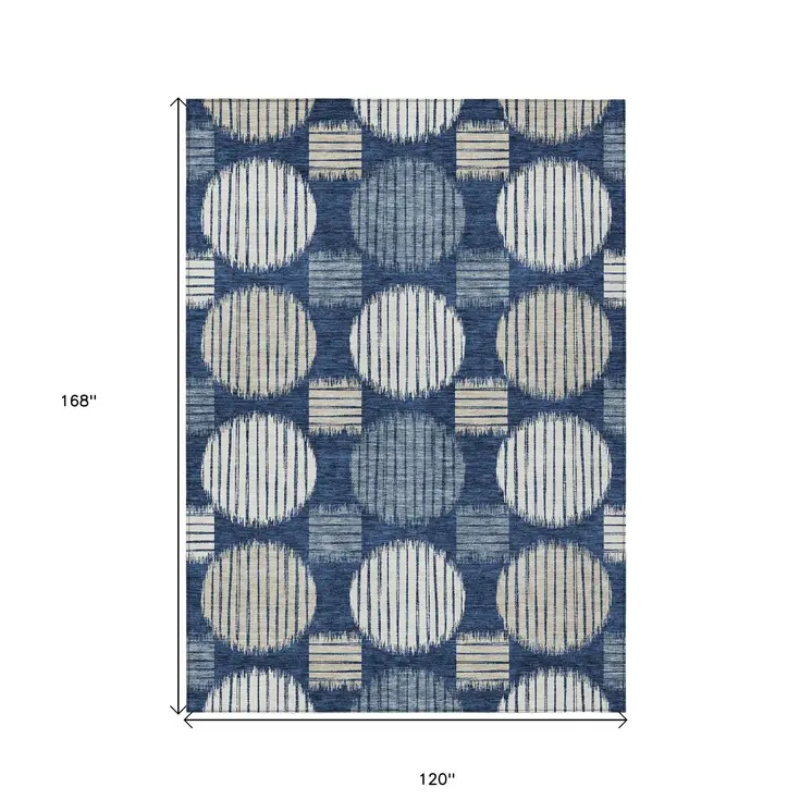 10' X 14' Navy Blue And Ivory Geometric Washable Indoor Outdoor Area Rug