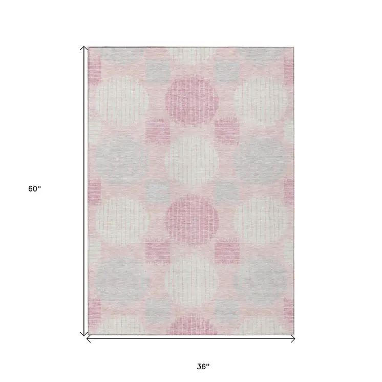 3' X 5' Pink Gray And Ivory Geometric Washable Indoor Outdoor Area Rug
