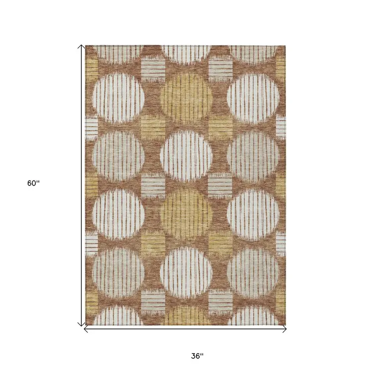 3' X 5' Brown Beige And Ivory Geometric Washable Indoor Outdoor Area Rug