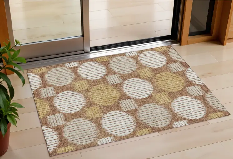 3' X 5' Brown Beige And Ivory Geometric Washable Indoor Outdoor Area Rug