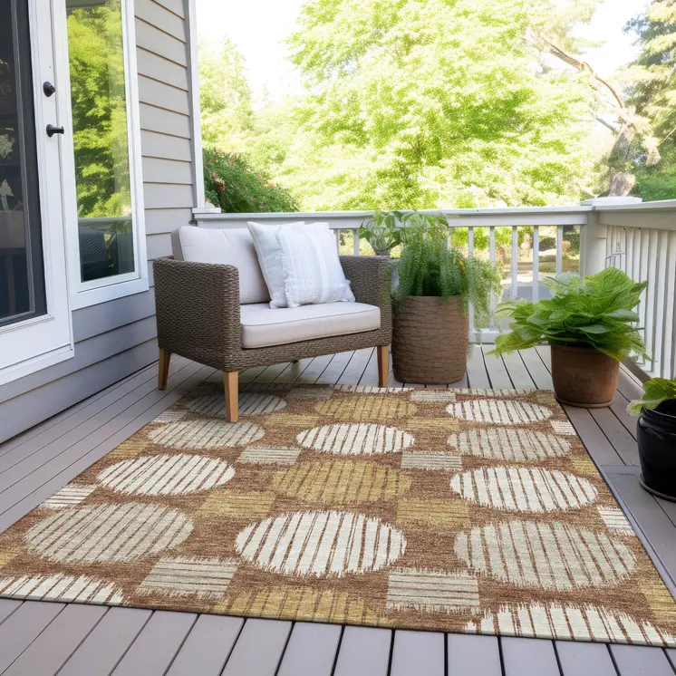 3' X 5' Brown Beige And Ivory Geometric Washable Indoor Outdoor Area Rug