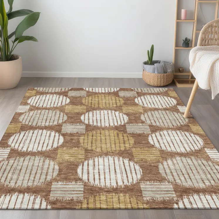 3' X 5' Brown Beige And Ivory Geometric Washable Indoor Outdoor Area Rug