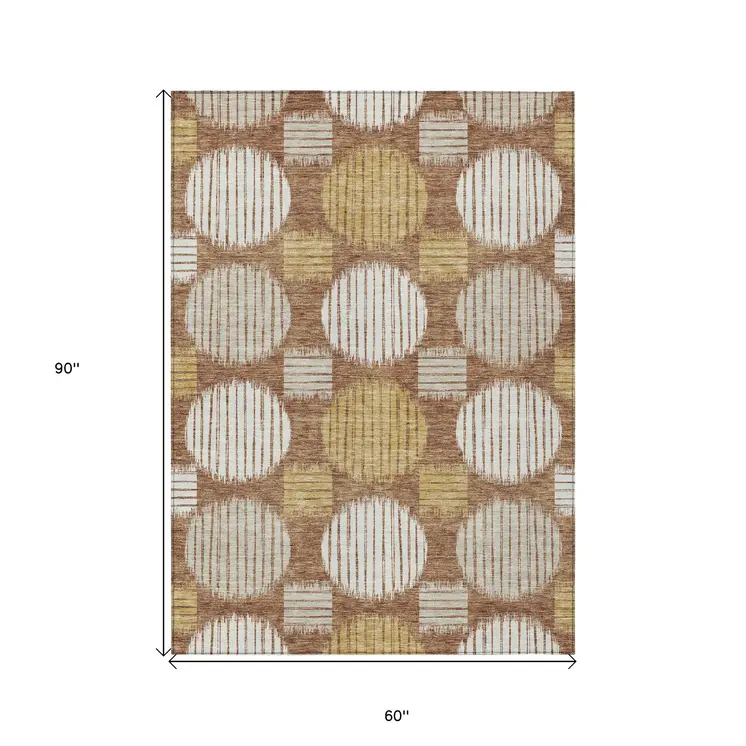 5' X 8' Brown Beige And Ivory Geometric Washable Indoor Outdoor Area Rug