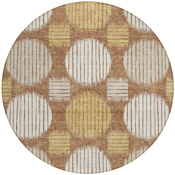 8' Brown Beige And Ivory Round Geometric Washable Indoor Outdoor Area Rug