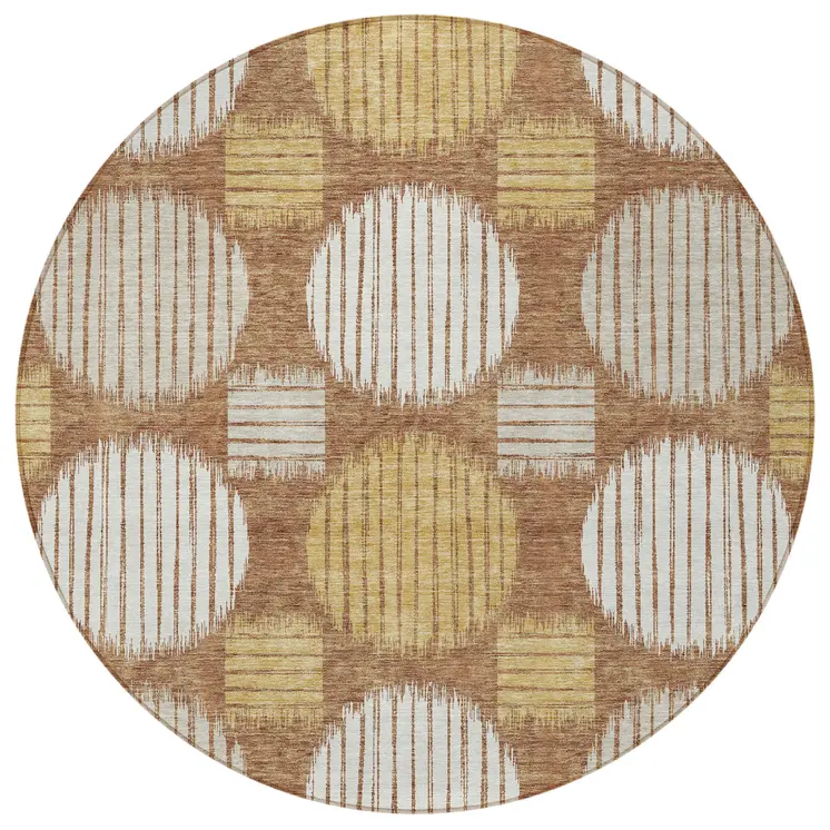 8' Brown Beige And Ivory Round Geometric Washable Indoor Outdoor Area Rug