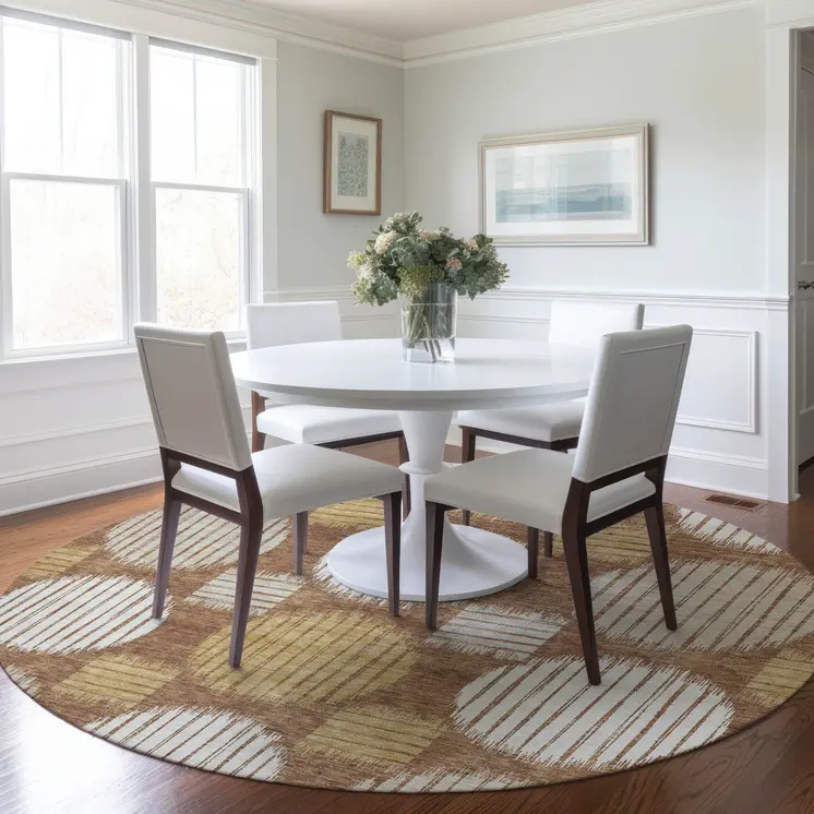 8' Brown Beige And Ivory Round Geometric Washable Indoor Outdoor Area Rug