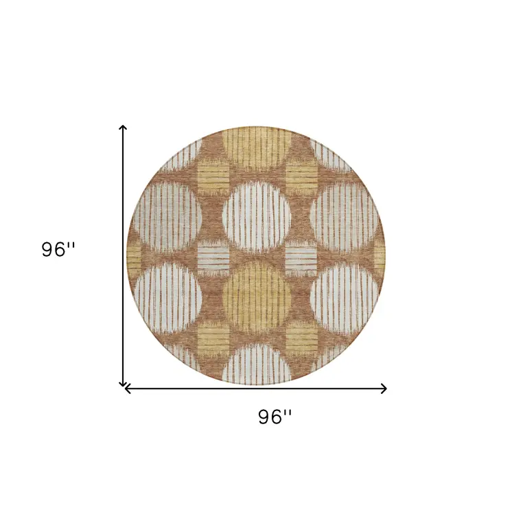 8' Brown Beige And Ivory Round Geometric Washable Indoor Outdoor Area Rug