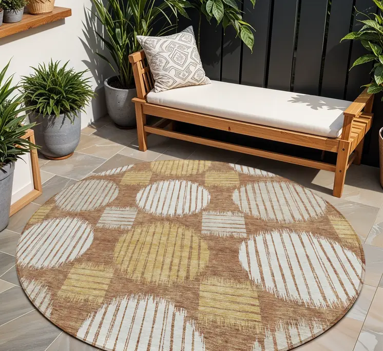 8' Brown Beige And Ivory Round Geometric Washable Indoor Outdoor Area Rug