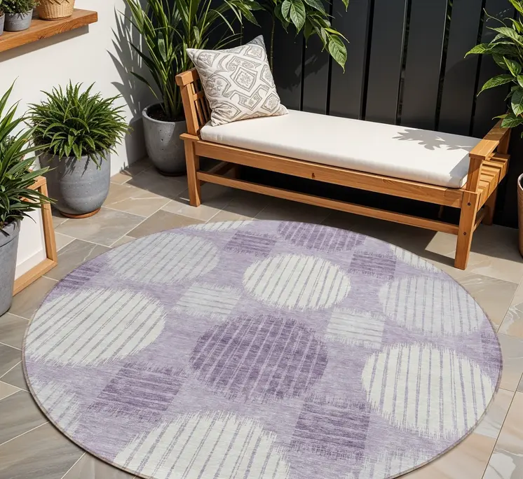 8' Purple And Ivory Round Geometric Washable Indoor Outdoor Area Rug