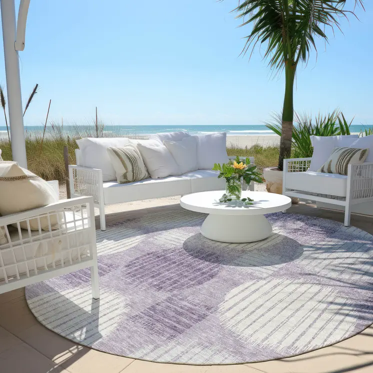 8' Purple And Ivory Round Geometric Washable Indoor Outdoor Area Rug