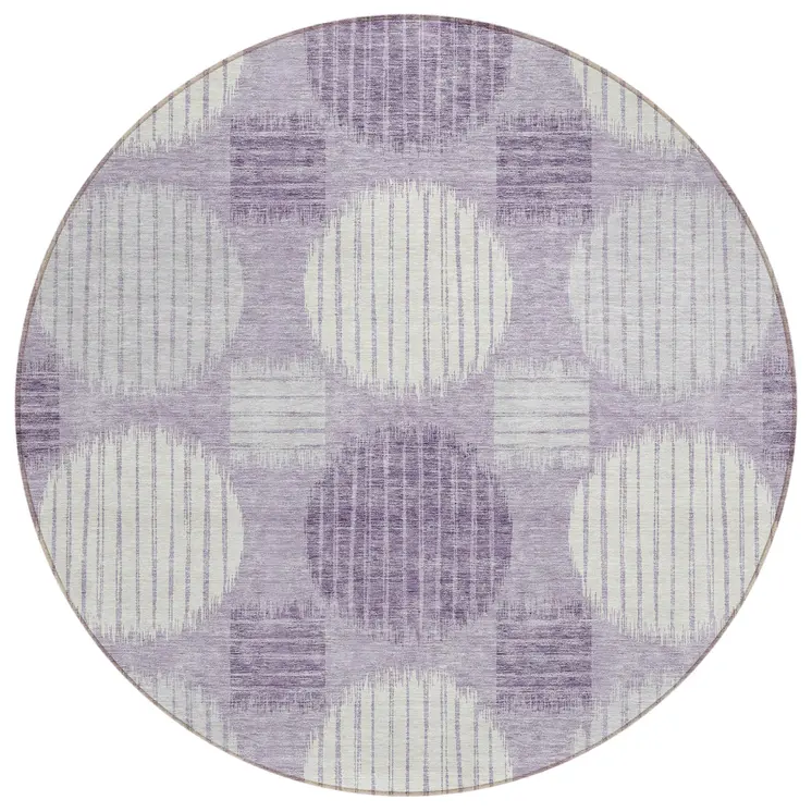 8' Purple And Ivory Round Geometric Washable Indoor Outdoor Area Rug