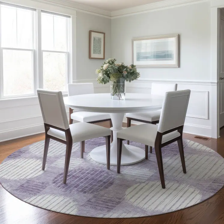 8' Purple And Ivory Round Geometric Washable Indoor Outdoor Area Rug