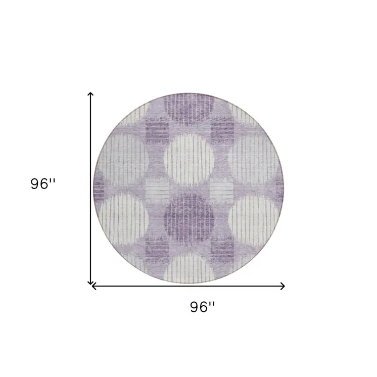 8' Purple And Ivory Round Geometric Washable Indoor Outdoor Area Rug