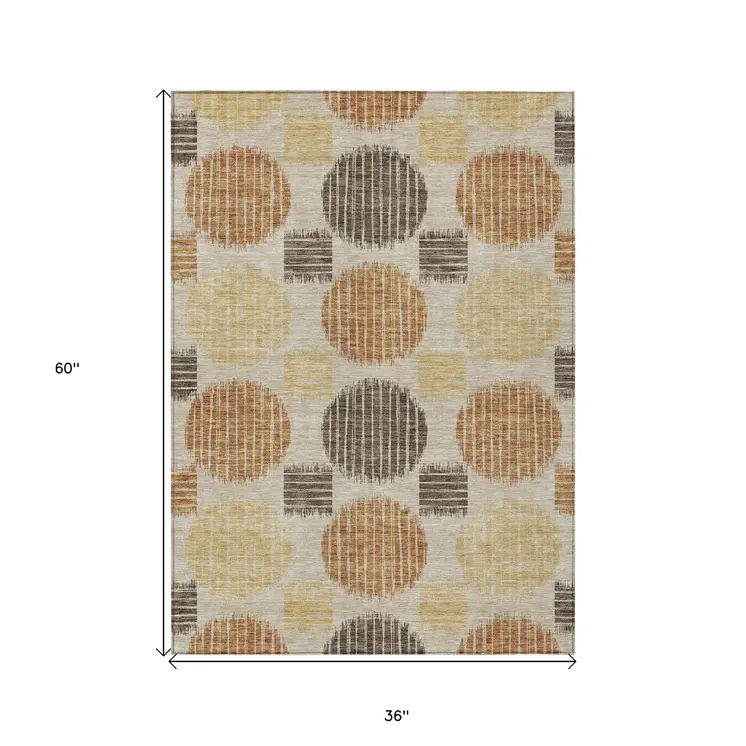 3' X 5' Tan Brown And Beige Geometric Washable Indoor Outdoor Area Rug