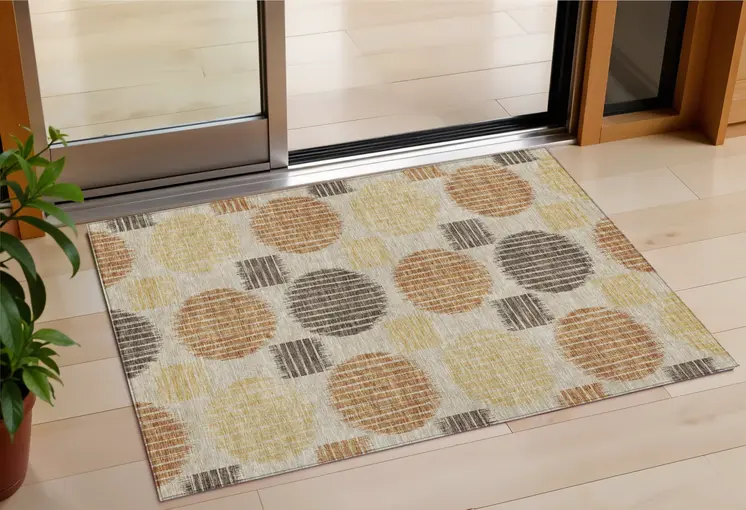 3' X 5' Tan Brown And Beige Geometric Washable Indoor Outdoor Area Rug