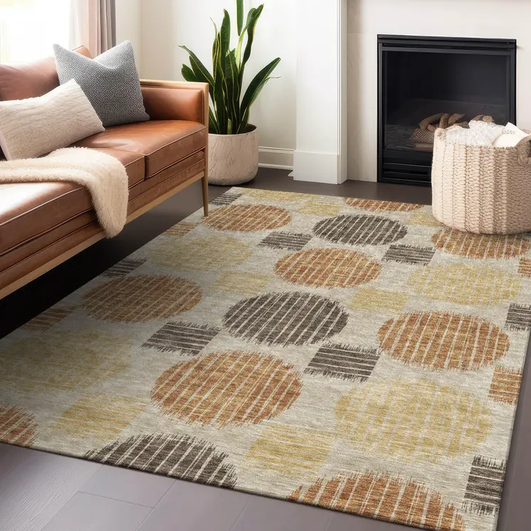 3' X 5' Tan Brown And Beige Geometric Washable Indoor Outdoor Area Rug