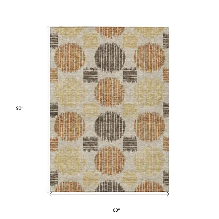 5' X 8' Tan Brown And Beige Geometric Washable Indoor Outdoor Area Rug