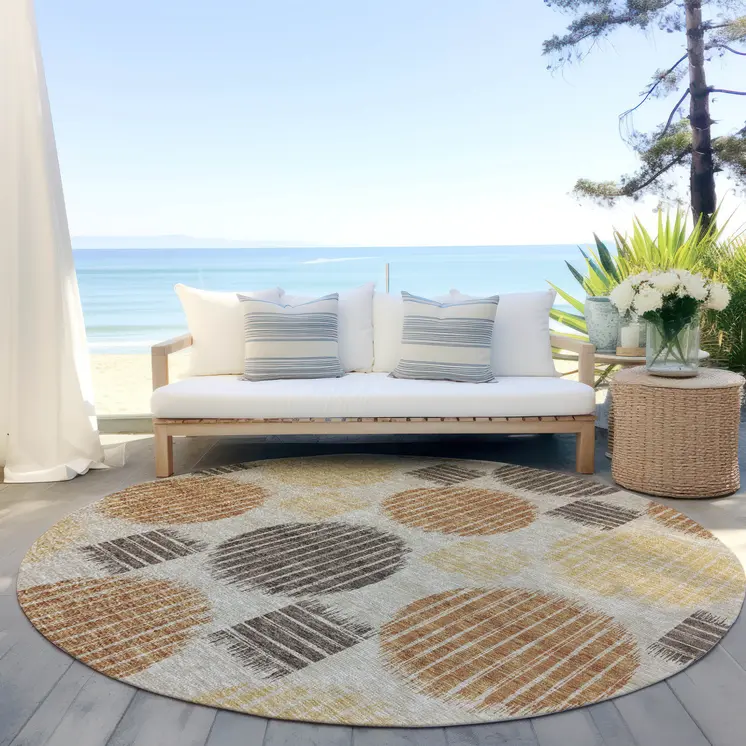 8' Tan Brown And Beige Round Geometric Washable Indoor Outdoor Area Rug