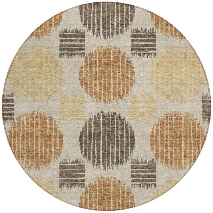 8' Tan Brown And Beige Round Geometric Washable Indoor Outdoor Area Rug