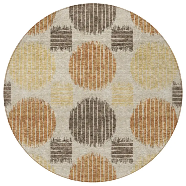8' Tan Brown And Beige Round Geometric Washable Indoor Outdoor Area Rug