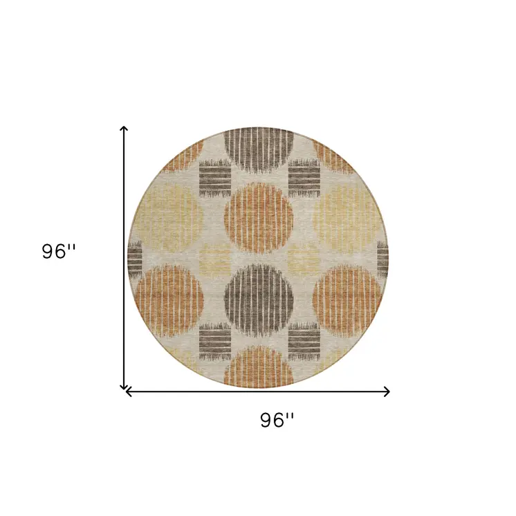 8' Tan Brown And Beige Round Geometric Washable Indoor Outdoor Area Rug