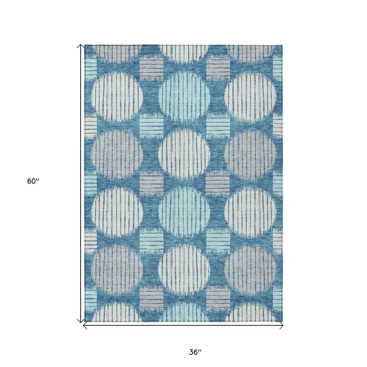 3' X 5' Teal Blue Gray And Ivory Geometric Washable Indoor Outdoor Area Rug