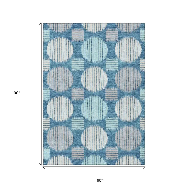 5' X 8' Teal Blue Gray And Ivory Geometric Washable Indoor Outdoor Area Rug