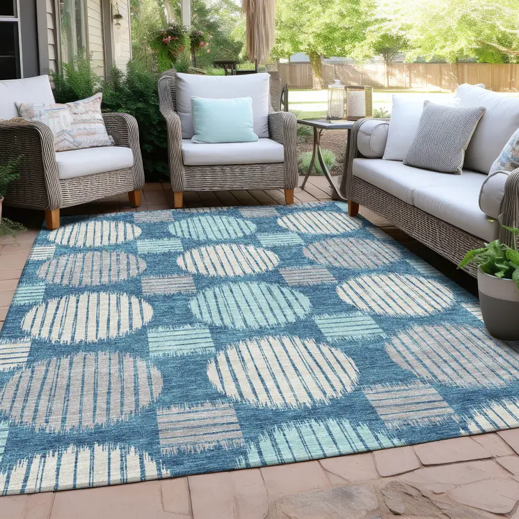 5' X 8' Teal Blue Gray And Ivory Geometric Washable Indoor Outdoor Area Rug