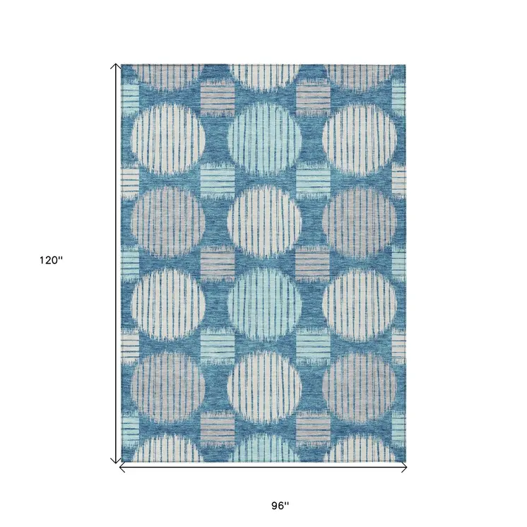 8' X 10' Teal Blue Gray And Ivory Geometric Washable Indoor Outdoor Area Rug