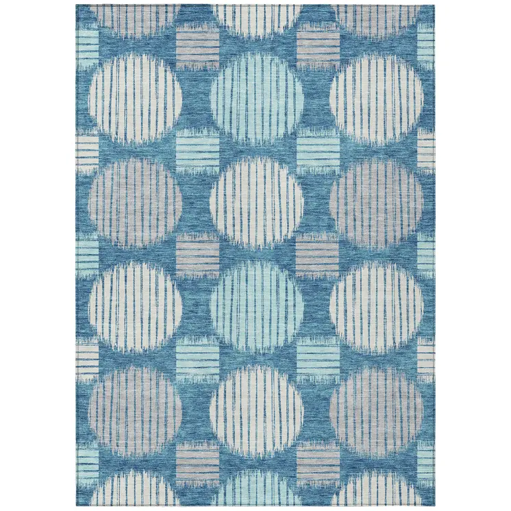 8' X 10' Teal Blue Gray And Ivory Geometric Washable Indoor Outdoor Area Rug