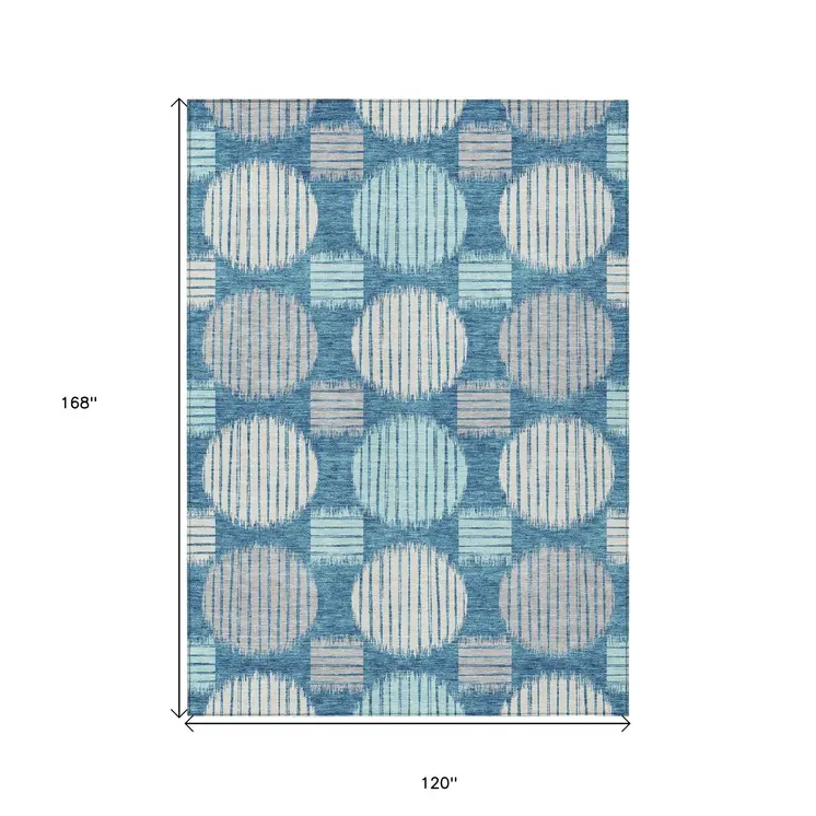 10' X 14' Teal Blue Gray And Ivory Geometric Washable Indoor Outdoor Area Rug