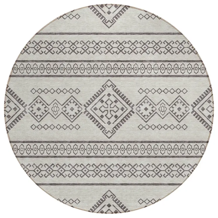 8' Beige And Brown Round Southwestern Washable Indoor Outdoor Area Rug