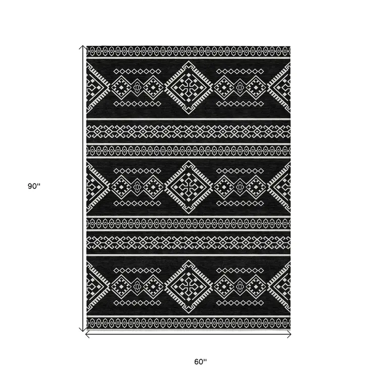 5' X 8' Black And Ivory Southwestern Washable Indoor Outdoor Area Rug