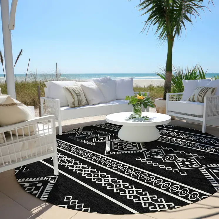 8' Black And Ivory Round Southwestern Washable Indoor Outdoor Area Rug