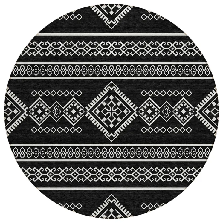 8' Black And Ivory Round Southwestern Washable Indoor Outdoor Area Rug