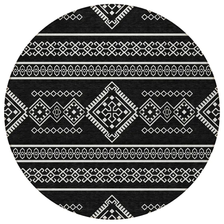 8' Black And Ivory Round Southwestern Washable Indoor Outdoor Area Rug