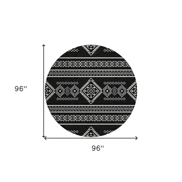 8' Black And Ivory Round Southwestern Washable Indoor Outdoor Area Rug