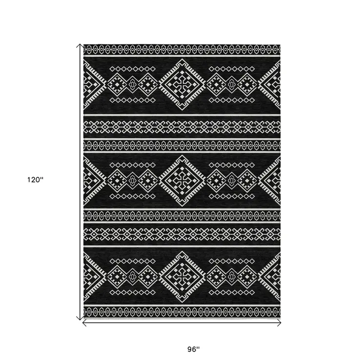 8' X 10' Black And Ivory Southwestern Washable Indoor Outdoor Area Rug