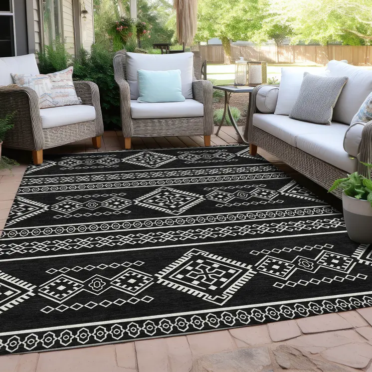 8' X 10' Black And Ivory Southwestern Washable Indoor Outdoor Area Rug