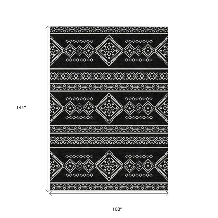 9' X 12' Black And Ivory Southwestern Washable Indoor Outdoor Area Rug