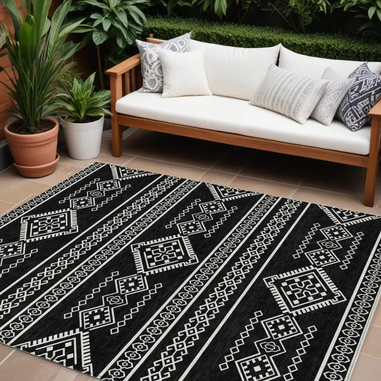 9' X 12' Black And Ivory Southwestern Washable Indoor Outdoor Area Rug